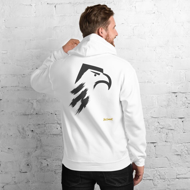 Abstract Eagle Hoodie, Minimalist Bird of Prey Back Print, Gold Graffiti Chest Tag, Unisex Pullover – No Comment image 2