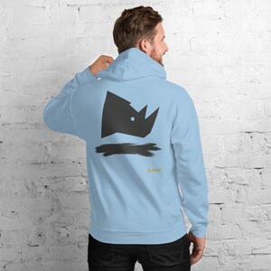 Abstract Rhino Side Profile Hoodie, Minimalist African Safari Back Print, Gold Graffiti Chest Tag, Unisex Pullover – No Comment image 7