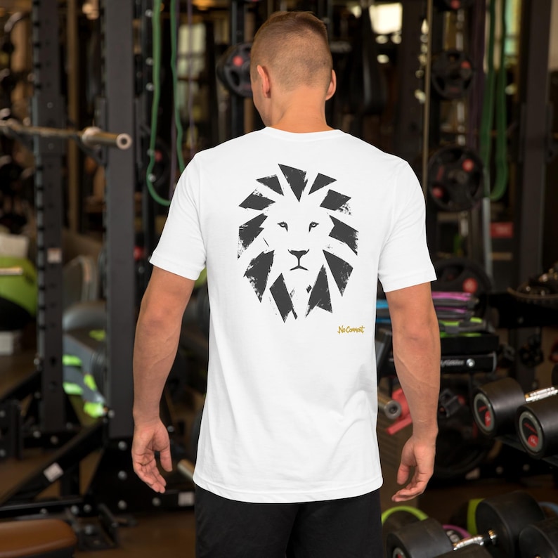 No Comment Lion Front T-Shirt - Abstract Animal Back Print, Gold Graffiti Tag, Minimalist White Unisex Tee
