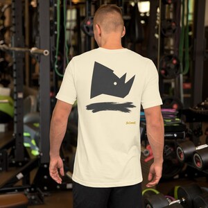 No Comment Rhino Side T-Shirt - Abstract Animal Back Print, Gold Graffiti Tag, Minimalist White Unisex Tee