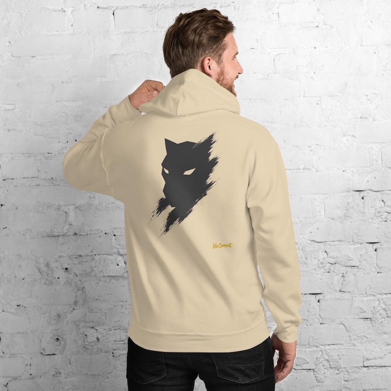 Abstract Black Panther Hoodie, Minimalist Big Cat Back Print, Gold Graffiti Chest Tag, Unisex Pullover – No Comment image 9