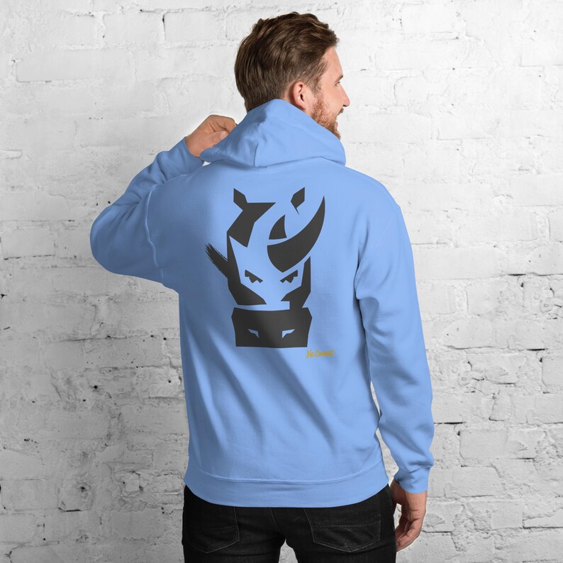 Abstract Rhino Front Face Hoodie, Minimalist African Safari Back Print, Gold Graffiti Chest Tag, Unisex Pullover – No Comment image 3