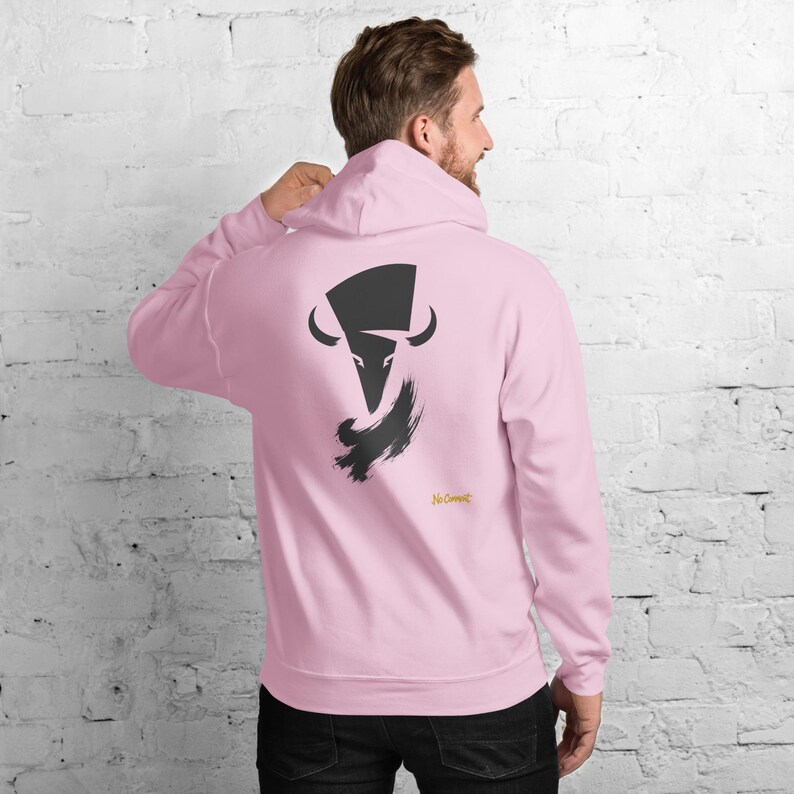 Abstract Bison Hoodie, Minimalist Prairie Wildlife Back Print, Gold Graffiti Chest Tag, Unisex Pullover – No Comment image 10
