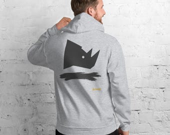 May include: A light gray hooded sweatshirt featuring a black geometric rhinoceros head graphic on the back. Below the rhinoceros, there is a black horizontal brushstroke design and the yellow text "No Comment" printed in a small, stylized font.