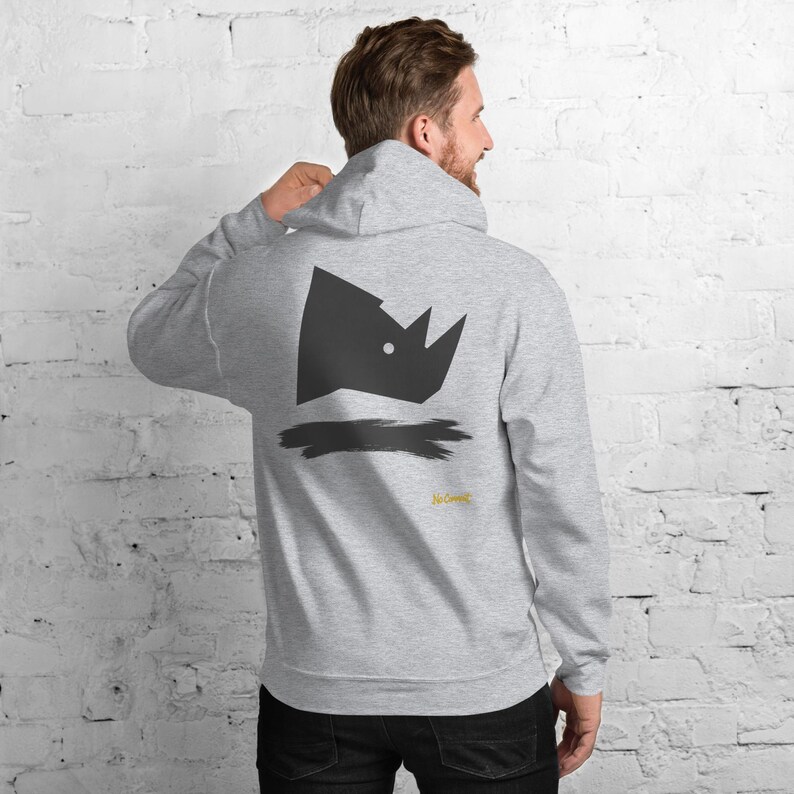 Abstract Rhino Side Profile Hoodie, Minimalist African Safari Back Print, Gold Graffiti Chest Tag, Unisex Pullover – No Comment image 1