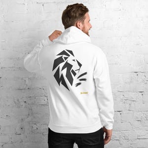 Abstract Lion Side Profile Hoodie, Minimalist Big Cat Back Print, Gold Graffiti Chest Tag, Unisex Pullover – No Comment image 2