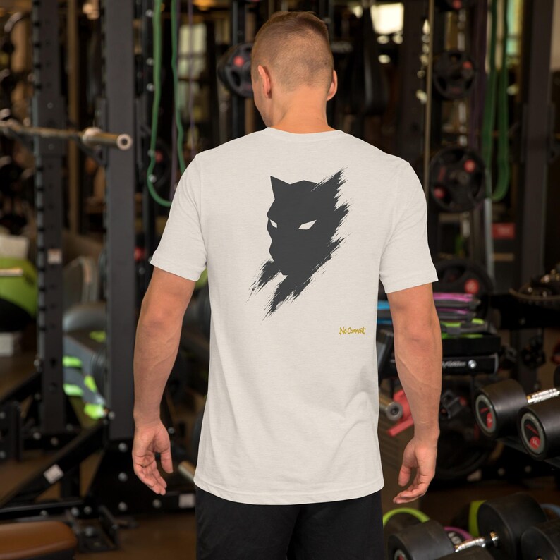 No Comment Black Panther T-Shirt - Abstract Animal Back Print, Gold Graffiti Tag, Minimalist White Unisex Tee
