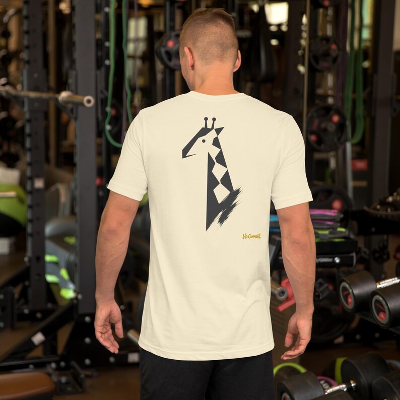 No Comment Giraffe T-Shirt - Abstract Animal Back Print, Gold Graffiti Tag, Minimalist White Unisex Tee