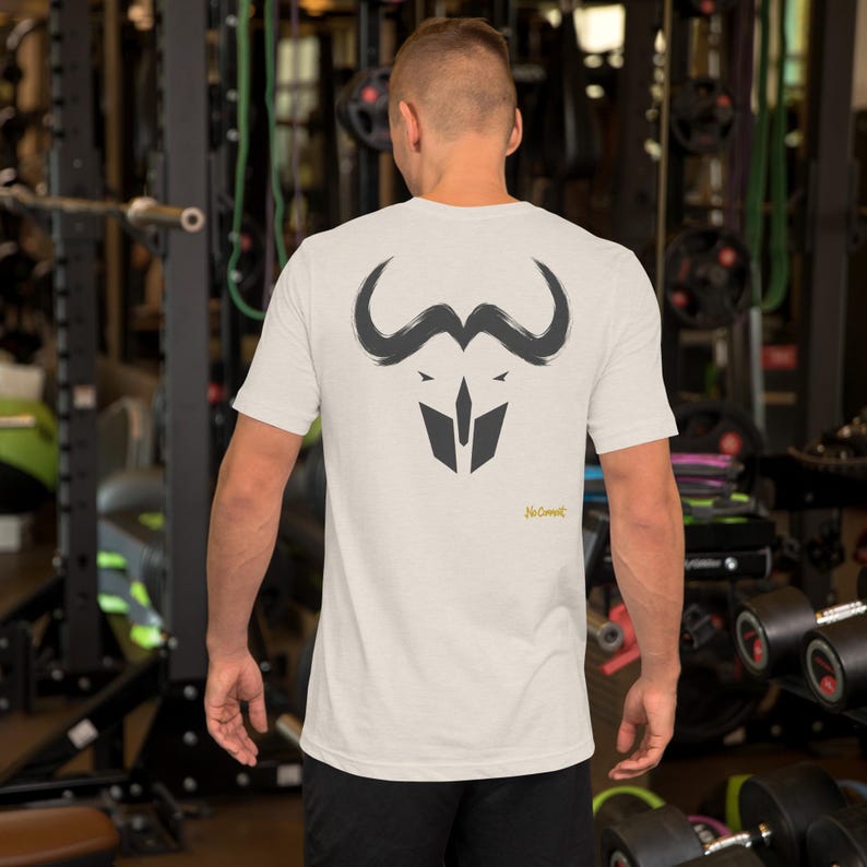 No Comment Cape Buffalo T-Shirt - Abstract Animal Back Print, Gold Graffiti Tag, Minimalist White Unisex Tee