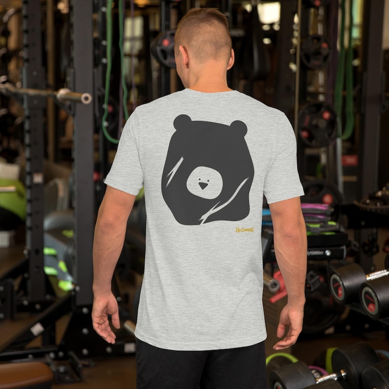 No Comment Grizzly Bear T-Shirt - Abstract Animal Back Print, Gold Graffiti Tag, Minimalist White Unisex Tee
