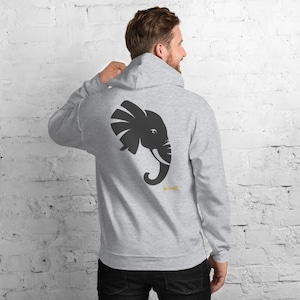 Abstract Elephant Side Profile Hoodie, Minimalist Safari Animal Back Print, Gold Graffiti Chest Tag, Unisex Pullover – No Comment image 1