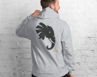May include: A light gray hooded sweatshirt featuring a large black graphic of an elephant head on the back. The design includes the text "No Comment" in small yellow letters positioned below the elephant graphic on the back of the garment.