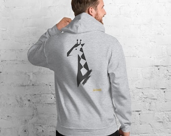 May include: A light gray hooded sweatshirt featuring a black geometric giraffe graphic on the back. The design includes a stylized giraffe head and neck with diamond patterns and a brushstroke detail. The text No Comment is printed in yellow.