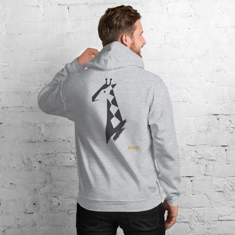 Abstract Giraffe Hoodie, Minimalist Safari Animal Back Print, Gold Graffiti Chest Tag, Unisex Pullover – No Comment image 1