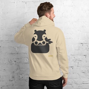 No Comment Hippo Hoodie - Abstract Animal Back Print, Gold Graffiti Tag, Minimalist White Unisex Hoodie
