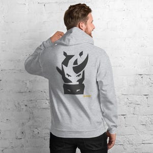 Abstract Rhino Front Face Hoodie, Minimalist African Safari Back Print, Gold Graffiti Chest Tag, Unisex Pullover – No Comment image 1