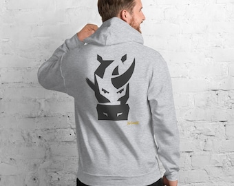 May include: A light gray hooded sweatshirt featuring a large, black, stylized rhinoceros head graphic on the back. Below the rhinoceros graphic, the text "No Comment" is printed in a small, yellow, handwritten-style font.