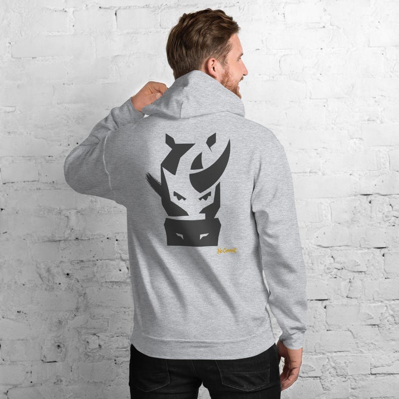 Abstract Rhino Front Face Hoodie, Minimalist African Safari Back Print, Gold Graffiti Chest Tag, Unisex Pullover – No Comment image 1