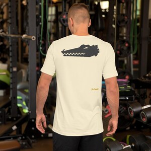 No Comment Crocodile T-Shirt - Abstract Animal Back Print, Gold Graffiti Tag, Minimalist White Unisex Tee