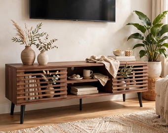 Mid-Century Modern TV Stand, 52.3-Inch Media Console with Sliding Doors