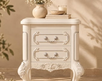 White Classic Nightstand with 2 Drawers, Carved Bedside Table with Silver Accents