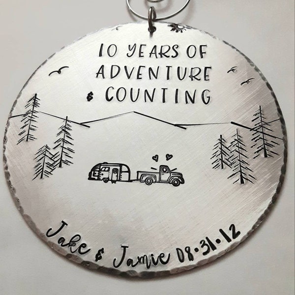 10 Years of Adventure and counting ornament,  truck and camper gift, personalized tree decoration,  hand stamped custom Christmas, Anniversa