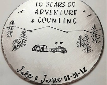 10 Years of Adventure and counting ornament,  truck and camper gift, personalized tree decoration,  hand stamped custom Christmas, Anniversa