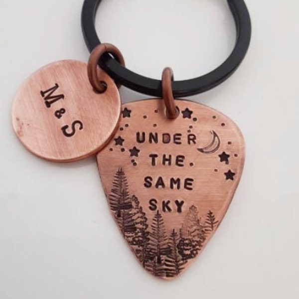 Personalized Guitar Pick Keychain, Copper Guitar Pick, Under the Same Sky, Going Away Gift, Valentines, Military Gift, Hand Stamped Keyring