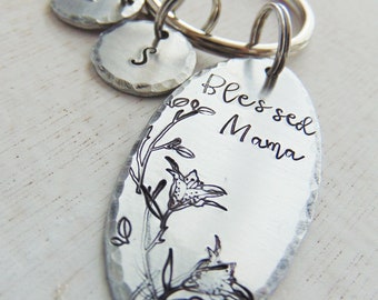 Blessed Mama Keychain, Mother's Day Gift, Personalized Keychain, Religious Keyring, Floral Keychain, Hand Stamped, Inspirational, Mom Gift