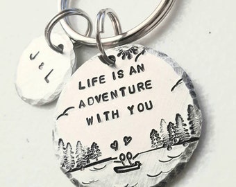 Boat Keychain,  Life is an Adventure with you,  Anniversary gift, Lake Keys, Vacation home, Personalized,  Hand stamped,  Custom Key ring,