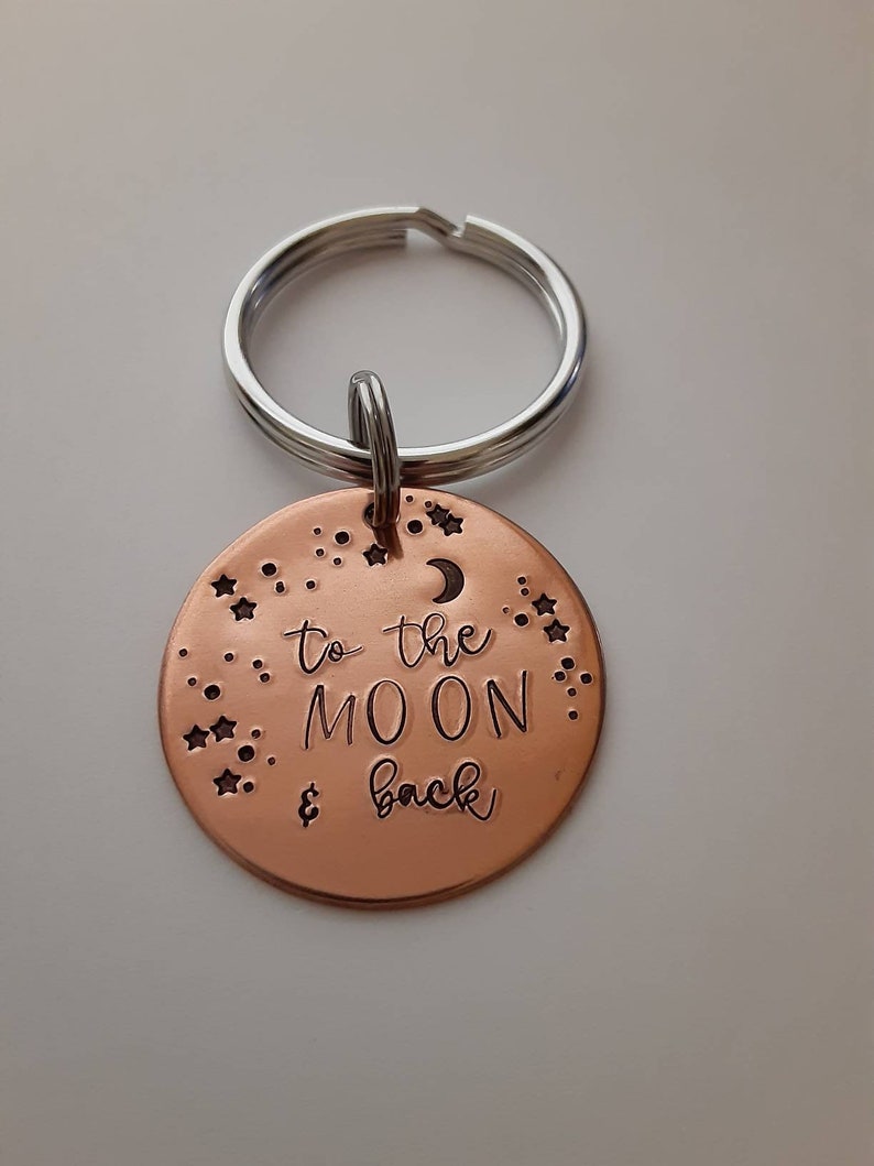 gift for him to the moon copper key ring hand stamped keychain Christmas Valentines Keychain moon gift for her boyfriend gift stars