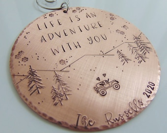 Custom Christmas Ornament, Handstamped Christmas, Personalized 4x4 Ornament, Life is an Adventure, Wedding Gift, Anniversary, First Mr & Mrs