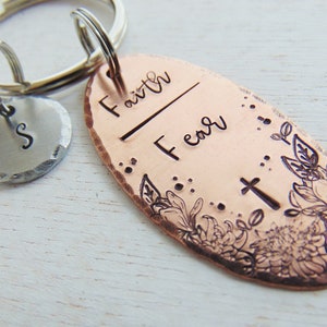 Faith Over Fear Keychain, Inspirational Jewelry, Religious Key ring, Faith Gift, Gift for Her, Floral Keychain, Hand Stamped, Personalized