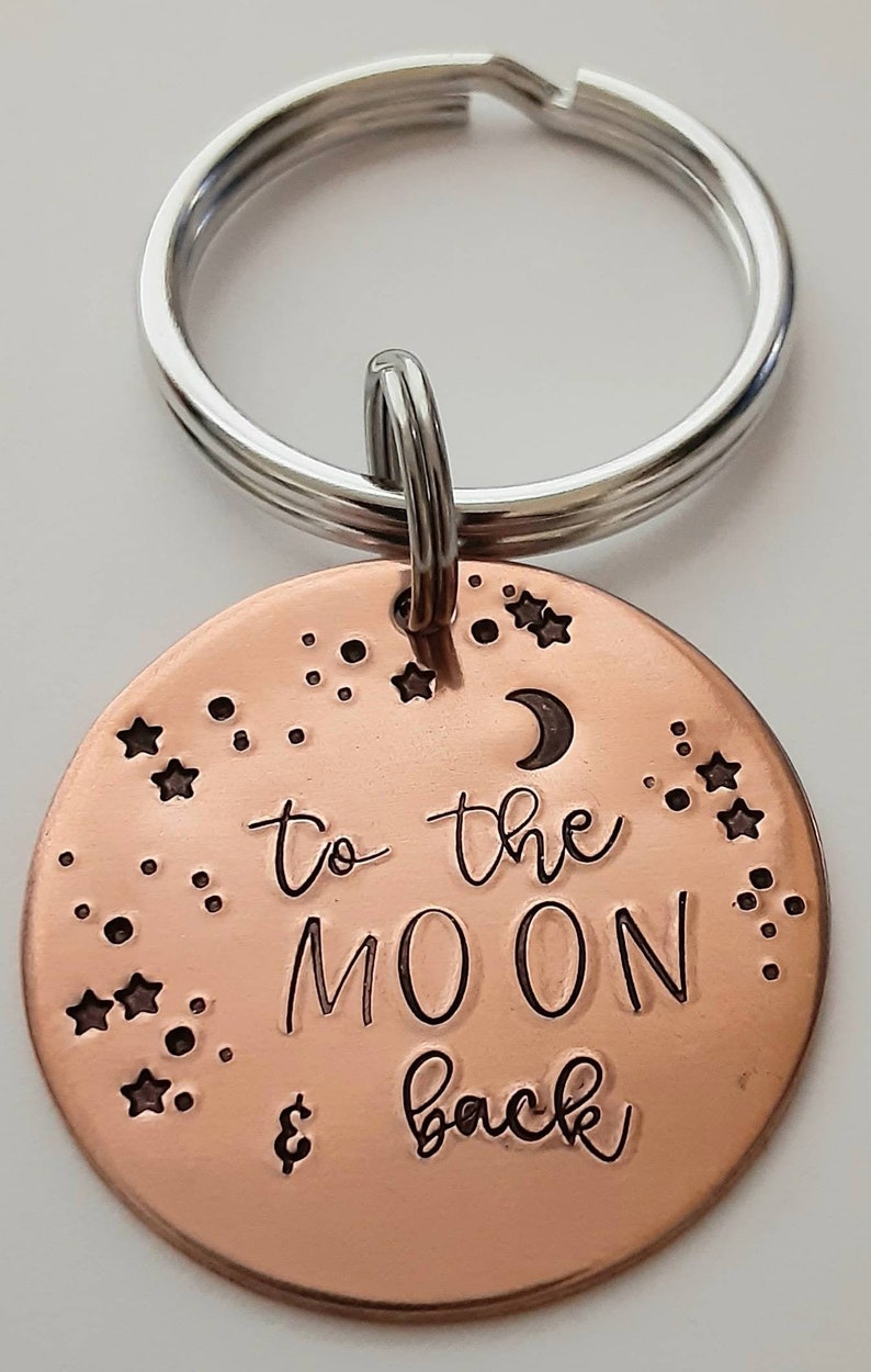 gift for him to the moon copper key ring hand stamped keychain Christmas Valentines Keychain moon gift for her boyfriend gift stars