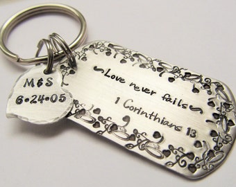 Personalized Hand Stamped Key Ring - Wedding Gift - Wedding Key Ring Valentine for him- Gift for the Newlyweds - Heart Key Ring - Biblical