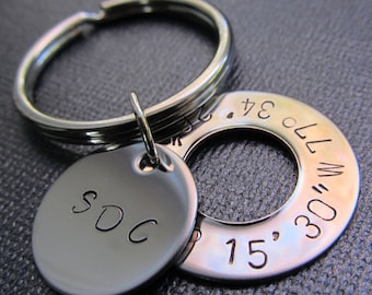 Latitude and Longitude Keyring, Personalized Keychain, Handstamped Keyring, GPS Coordinates, Graduation Gift, Stainless Steel Keychain