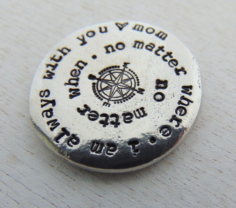 Personalized Pocket Coin, Going Away Gift, Hand Stamped Pocket Hug, Going to College, Military Gift, No Matter When, No Matter Where, Pewter image 2