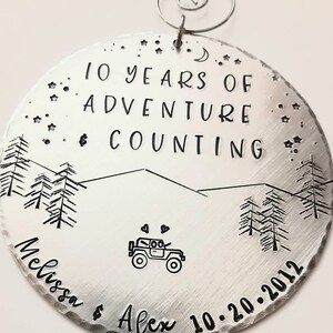 10 Year Anniversary Ornament, Personalized Christmas Tree Decoration, Adventure Gift , Hand stamped aluminum, Anniversary Gift Husband, Tree image 4