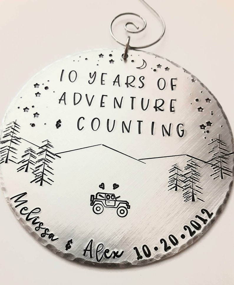 10 Year Anniversary Ornament, Personalized Christmas Tree Decoration, Adventure Gift , Hand stamped aluminum, Anniversary Gift Husband, Tree image 4