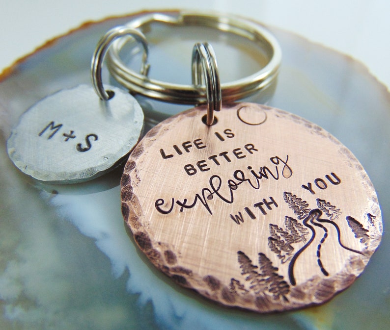 Personalized Anniversary Keychain, Hand Stamped, Life Is Better Exploring With You, Wedding Gift, Boyfriend Key Ring, for Him, Gift for Her image 3