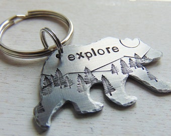 Father's Day Gift, Bear Keychain, Explore Key Ring, Hand Stamped, Pine Trees, Outdoors Gift,Gift for Him, Gift for Her, Cabin Keys, Vacation