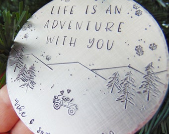 Christmas Ornament, Hand Stamped Christmas, Personalized Ornament, Life is an Adventure, Wedding Gift, Anniversary, First Mr & Mrs