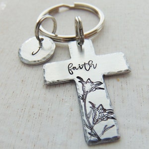 Faith Cross Keychain, Easter Gift Inspirational Keyring, Christmas, Religious, Personalized, Floral Keychain, Hand Stamped, Copper, Aluminum