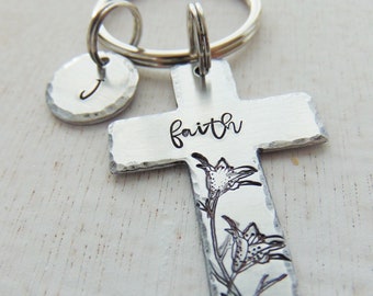 Faith Cross Keychain, Easter Gift Inspirational Keyring, Christmas, Religious, Personalized, Floral Keychain, Hand Stamped, Copper, Aluminum