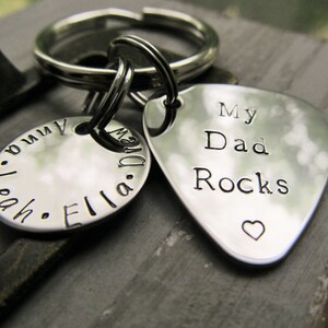 Personalized Guitar Pick Key Ring Gift for Dad Dad Guitar Pick Hand Stamped Guitar Pick Childrens Name Keychain Fathers Day Valentines Gift