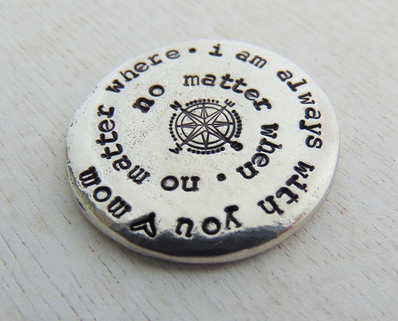 Personalized Pocket Coin, Going Away Gift, Hand Stamped Pocket Hug, Going to College, Military Gift, No Matter When, No Matter Where, Pewter image 1