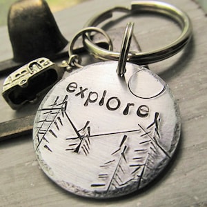 Camping Keychain Camper Key Ring Hand Stamped Keychain Camper Gift Camper Keys Gift for Him Gift For Her Mountains Key Ring Pine Trees Sun