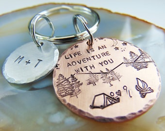 Life is an Adventure With You, Camping Key Ring, Copper, Personalized Gift for Him, Gift for Her, Mixed Metal Key ring, Custom Keychain