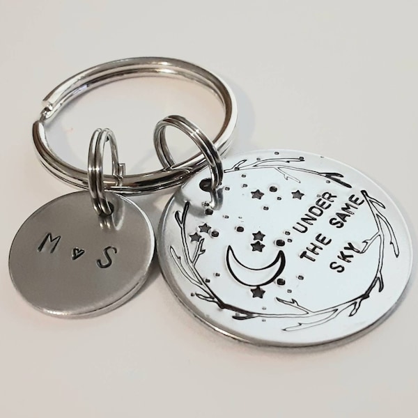 Under the same sky Keychain,  Moon and stars,  personalized,  gift for him, gift for her, hand stamped, custom keyring, deployment gift,love