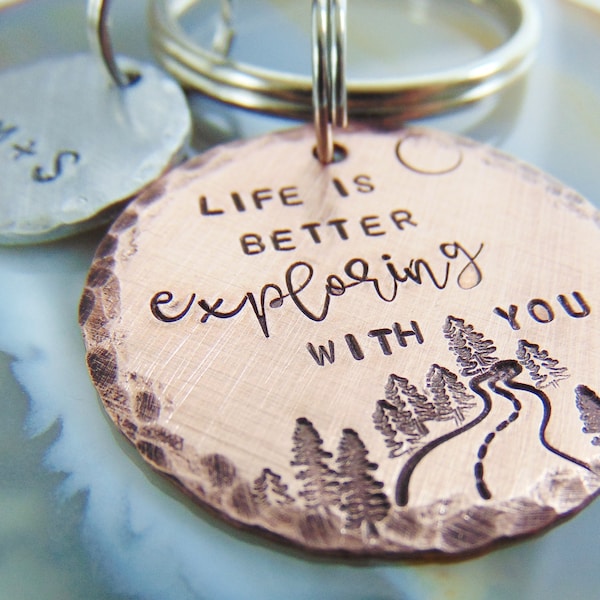 Personalized Anniversary Keychain, Hand Stamped, Life Is Better Exploring With You, Wedding Gift, Boyfriend Key Ring, for Him, Gift for Her